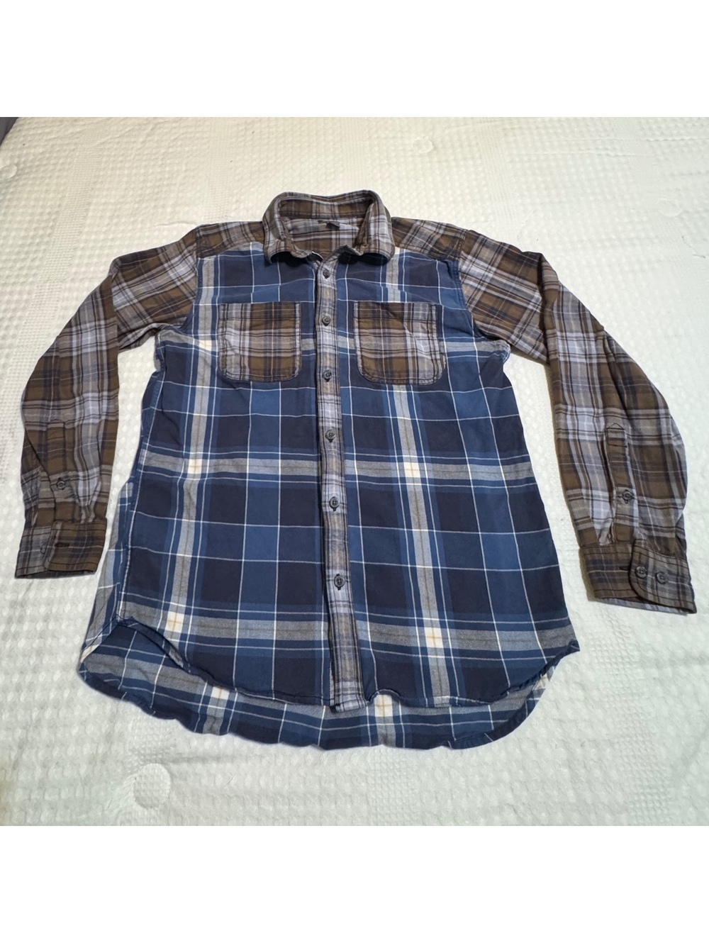 Eddie Bauer Patchwork Plaid Flannel Shirt Blue Brown Men’s M Workwear